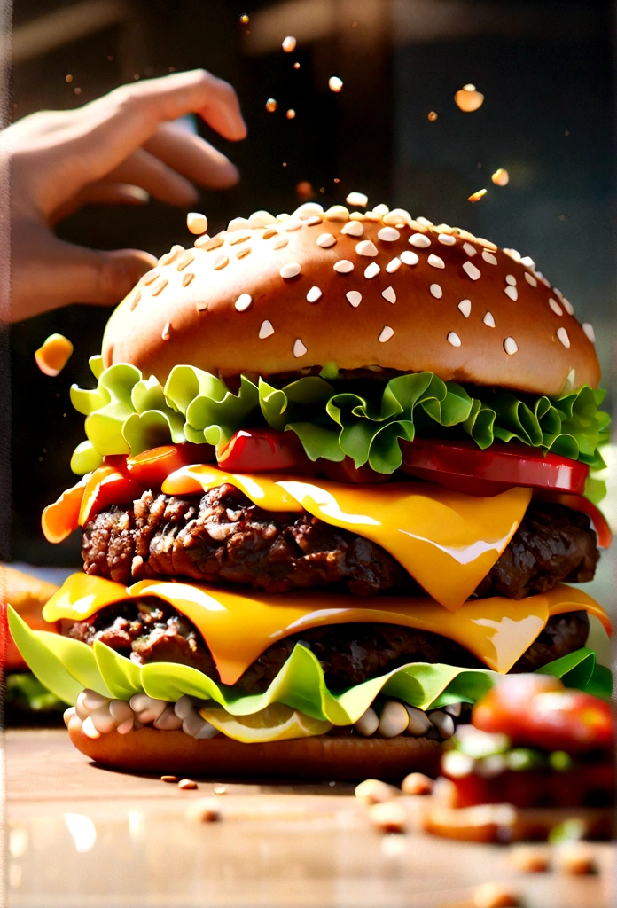 Juicy, crumbling burger, delicious, hot, promotional photo, Intricate details, High resolution, Cinematic, Adobe Lightroom, Very detailed