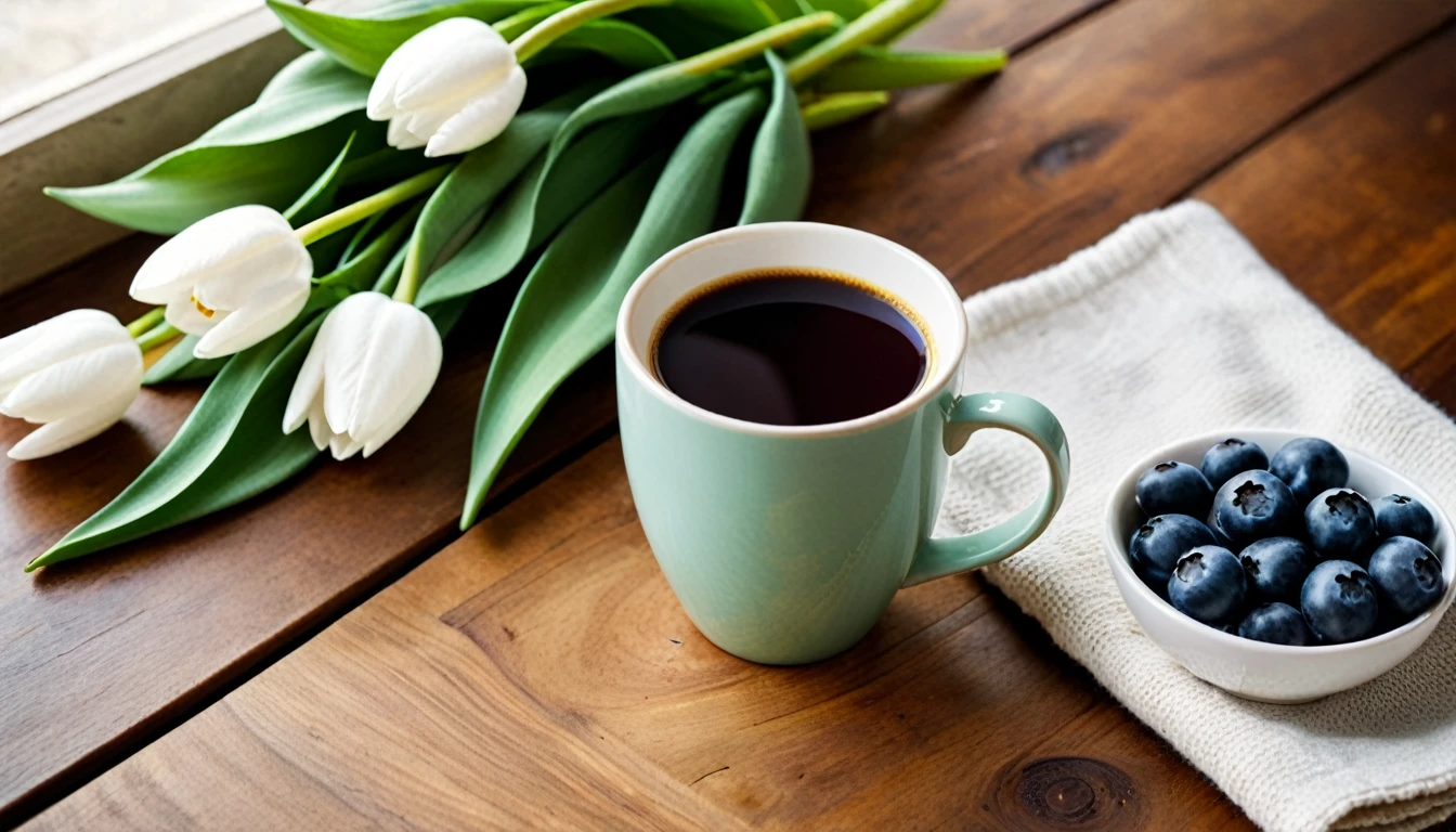 Best still life composition(best quality,4K,8K,High resolution,masterpiece:1.2),Super detailed,(Practical,photoPractical,photo-Practical:1.37),latté(clear focus、obvious)There is slight smoke in the dark green ceramic cup.Artist coffee impression.White sweater with clear texture，Wrinkles arranged randomly..blueberry.Sophisticated and elegant.Flat bouquet of bright white tulips from above(Lying flat on the table.From top to left.Make space on your desk.)..modern style.Fresh coffee beans are placed on the wooden bench next to it.Core and Texture. Freshness and flavor.Super detailed.（Super quality，Super detailed，Ultra-complex，Extremely complex）Soft and natural light and shadow.Reverse fragrance.no humans.Ultra wide angle, (Detailed texture),Background covered with film grain, natural soft light,(Morning Scene.warm sunshine in the morning)Ray tracing, Vignette, Wide-angle lens, Ultra wide angle, best qualitycinematic lighting, Depth of Field, outer boundary, Negative space, Letterbox header image