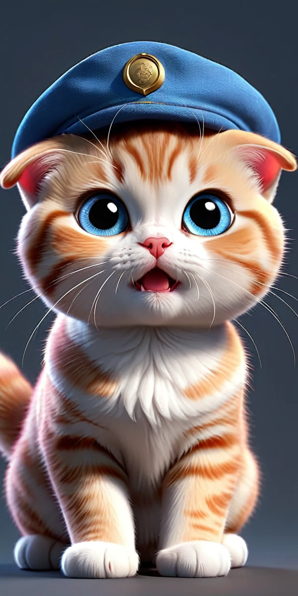 Pink kitten,Pixar Style,Super detailed,Anime movies,Realistic illustrations,Scottish Fold,Surprised expression,School,blue eyes,Blue Overalls,Red Beret,White T-shirt