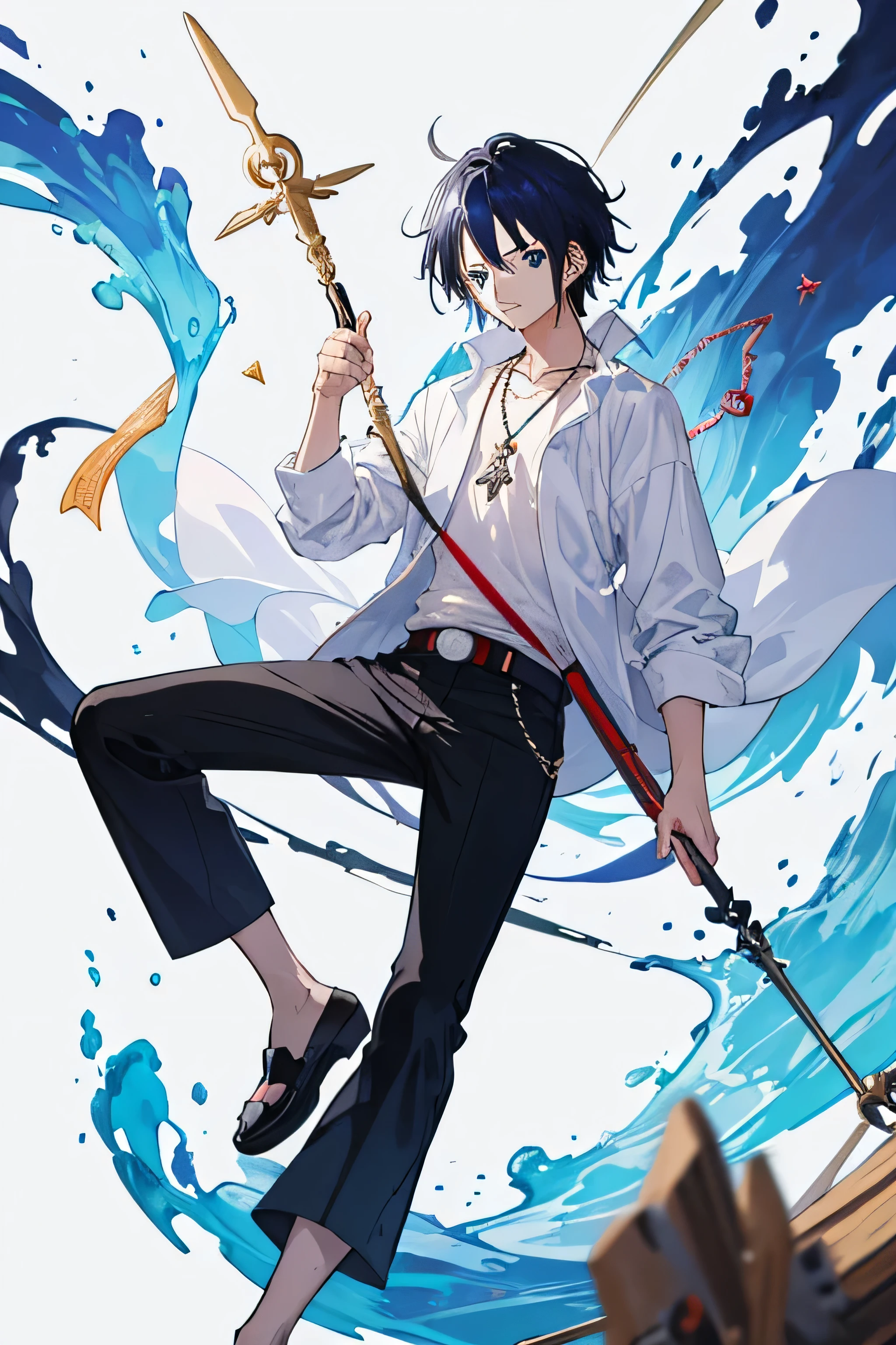 A boy with loose medium-length dark blue hair, dressed in a white shirt and a compass-shaped necklace 🧭, wear black pants, and he has a long staff as a weapon.
((anime)), ((One Piece)) ((here))