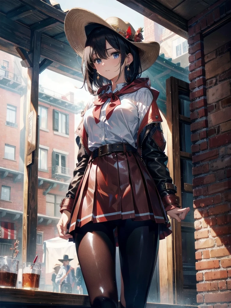 absurdres, RAW photo, extremely delicate and beautiful, masterpiece, Best Quality, ultra high resolution, 32k, hyperrealistic, ultra-detailed, in her 20s, delicate facial features, tearful mole, earring, medium breasts, whole body shot, shorter middle hair, black hair, School_uniform, Skirt, cool cowgirl, cowboy hat, decorated hooded armor jacket, cross belt, Brown leather pants, Red leather long boots,