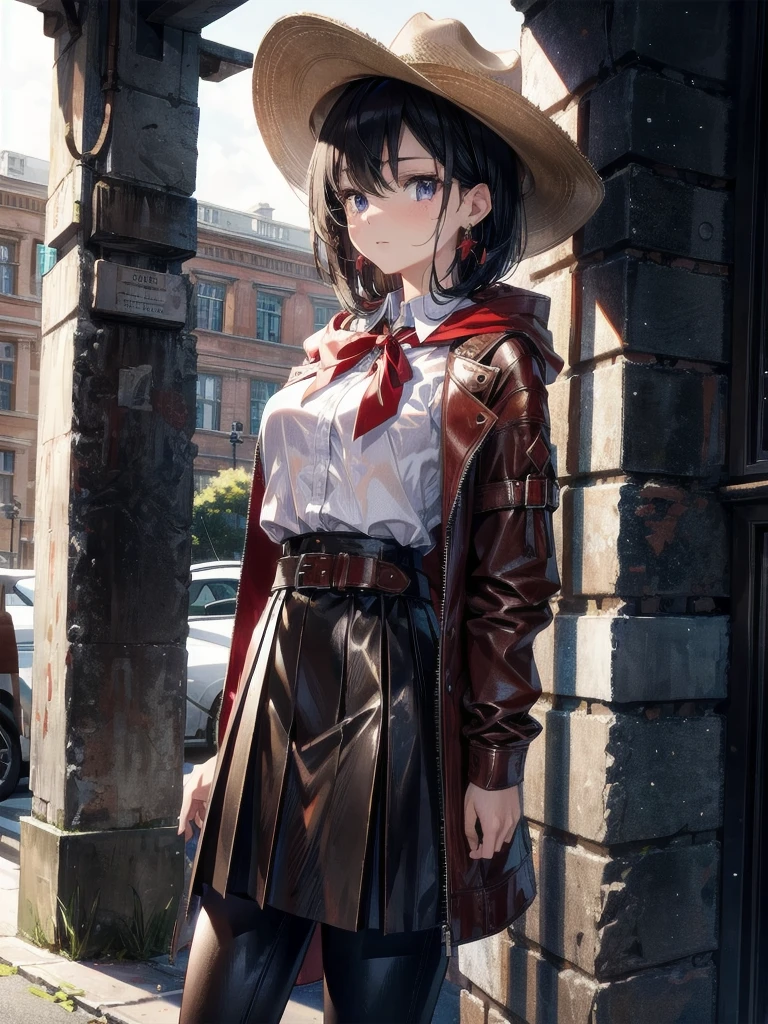 absurdres, RAW photo, extremely delicate and beautiful, masterpiece, Best Quality, ultra high resolution, 32k, hyperrealistic, ultra-detailed, in her 20s, delicate facial features, tearful mole, earring, medium breasts, whole body shot, shorter middle hair, black hair, School_uniform, Skirt, cool cowgirl, cowboy hat, decorated hooded armor jacket, cross belt, Brown leather pants, Red leather long boots,