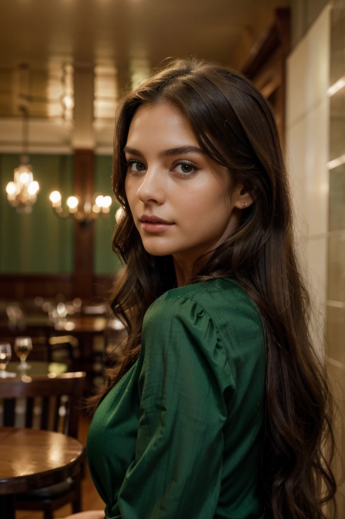 A strikingly beautiful woman. She had long brown hair that fell in soft waves down her back, perfectly framing her face. Her eyes were a mesmerizing shade of green.  
She was dressed in a chic, elegant outfit against the backdrop of a restaurant.
Close up. perfect detail, HD quality, 8K. Masterpiece, close up, realistic photo, complex details, sexy photo.
