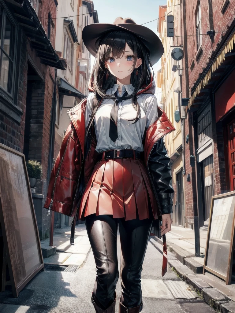 absurdres, RAW photo, extremely delicate and beautiful, masterpiece, Best Quality, ultra high resolution, 32k, hyperrealistic, ultra-detailed, in her 20s, delicate facial features, tearful mole, earring, medium breasts, whole body shot, shorter middle hair, black hair, School_uniform, Skirt, cool cowgirl, cowboy hat, decorated hooded armor jacket, cross belt, Brown leather pants, Red leather long boots,
