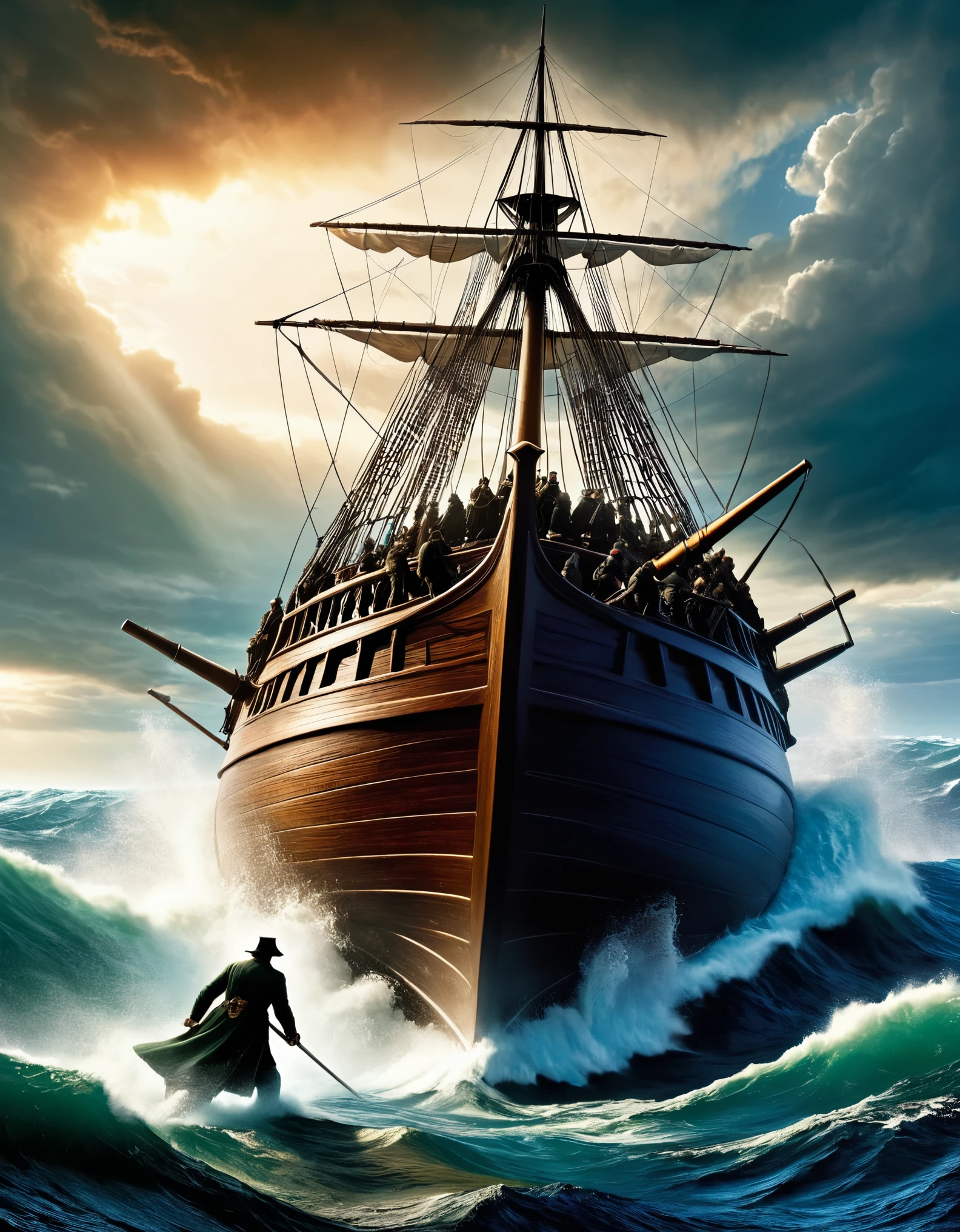 "To the last, I grapple with thee; from hell's heart, I stab at thee; for hate's sake, I spit my last breath at thee."
Image Prompt: Create a dramatic and intense image of Captain Ahab's final confrontation with Moby-Dick, emphasizing the theme of obsession and revenge.