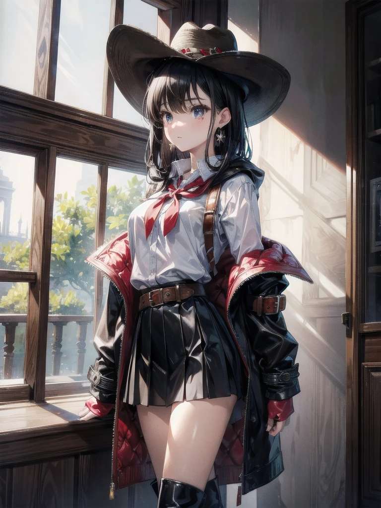 absurdres, RAW photo, extremely delicate and beautiful, masterpiece, Best Quality, ultra high resolution, 32k, hyperrealistic, ultra-detailed, in her 20s, delicate facial features, tearful mole, earring, medium breasts, whole body shot, shorter middle hair, black hair, School_uniform, Skirt, cool cowgirl, cowboy hat, decorated hooded armor jacket, cross belt, Brown leather pants, Red leather long boots,