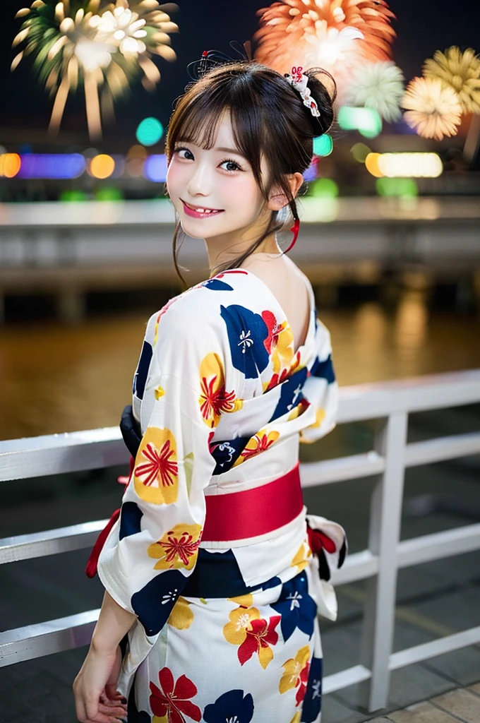 ((Highest quality, 8K, masterpiece: 1.3)),RAW Photos,Realistic atmosphere,Lens flare, Ray Tracing,(Detailed beautiful white skin:1.3),Beautiful Japanese,27 years old, Detailed face,Bun Hair,A gorgeous hairstyle with red and gold hair accessories,(Watching the fireworks wearing a white yukata with a floral pattern:1.2),(White yukata with sleeves:1.2),((Ribbon-type obi:1.3)),((Looking back with an innocent smile:1.3)),Blurred grand fireworks,(Many colorful fireworks:1.2)Star Mine,Fireworks across the sky,Large fireworks,Huge fireworks