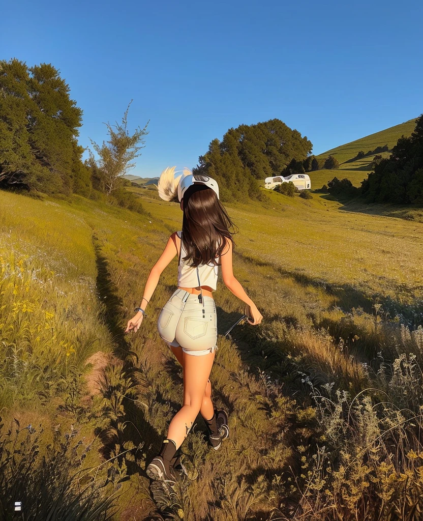 araffe walking in a field with a frisbee in her hand, standing in a grassy field, in the countryside, white shorts and hiking boots, madison beer, :: madison beer, long shot from back, soft devil queen madison beer, in a field, standing in grassy field, long shot from the back, in a valley, in a grassy field