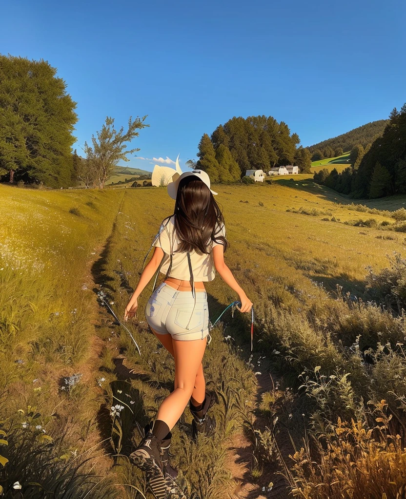araffe walking in a field with a frisbee in her hand, standing in a grassy field, in the countryside, white shorts and hiking boots, madison beer, :: madison beer, long shot from back, soft devil queen madison beer, in a field, standing in grassy field, long shot from the back, in a valley, in a grassy field