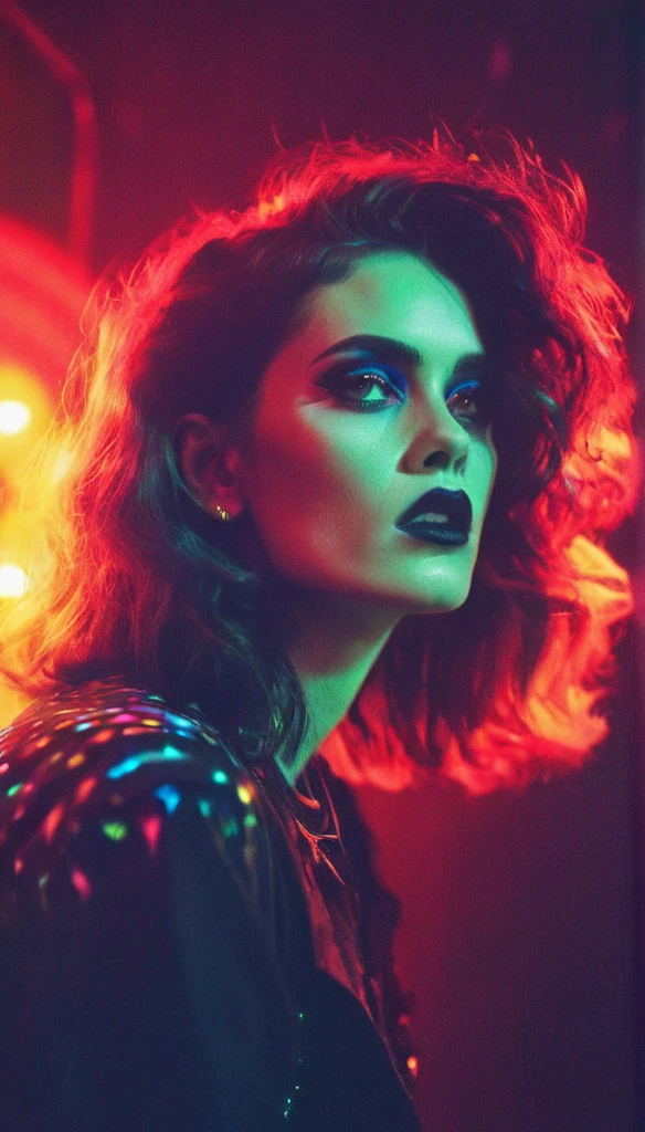 Three quarter profile view, fashion photoshoot, shot by Ellen Von Unwerth, lomography, starburst filter, grainy film, torso shot of a stunning Faroese woman with a hungry expression with fabulous makeup, light leaks, colorful lights, psychedelic, a hologram, holography, monotones, blown out, high quality, 4k, 8k, masterpiece, two tone cinematic lighting