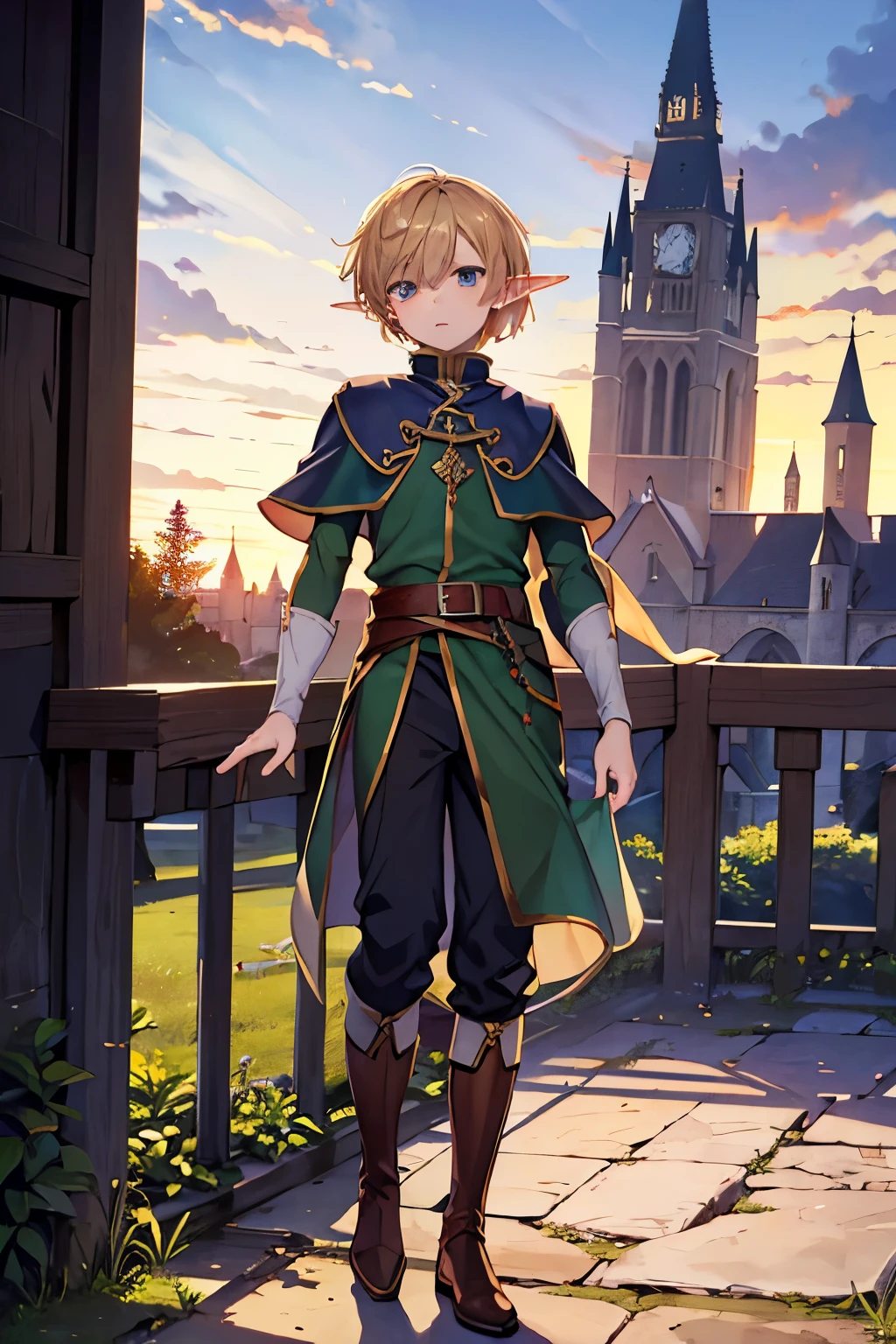 (masterpiece), best quality, expressive eyes, perfect face, boy, full body, elf, castle, twilight, vineyard in the foreground,(((boy))), pants, tunic, boots,