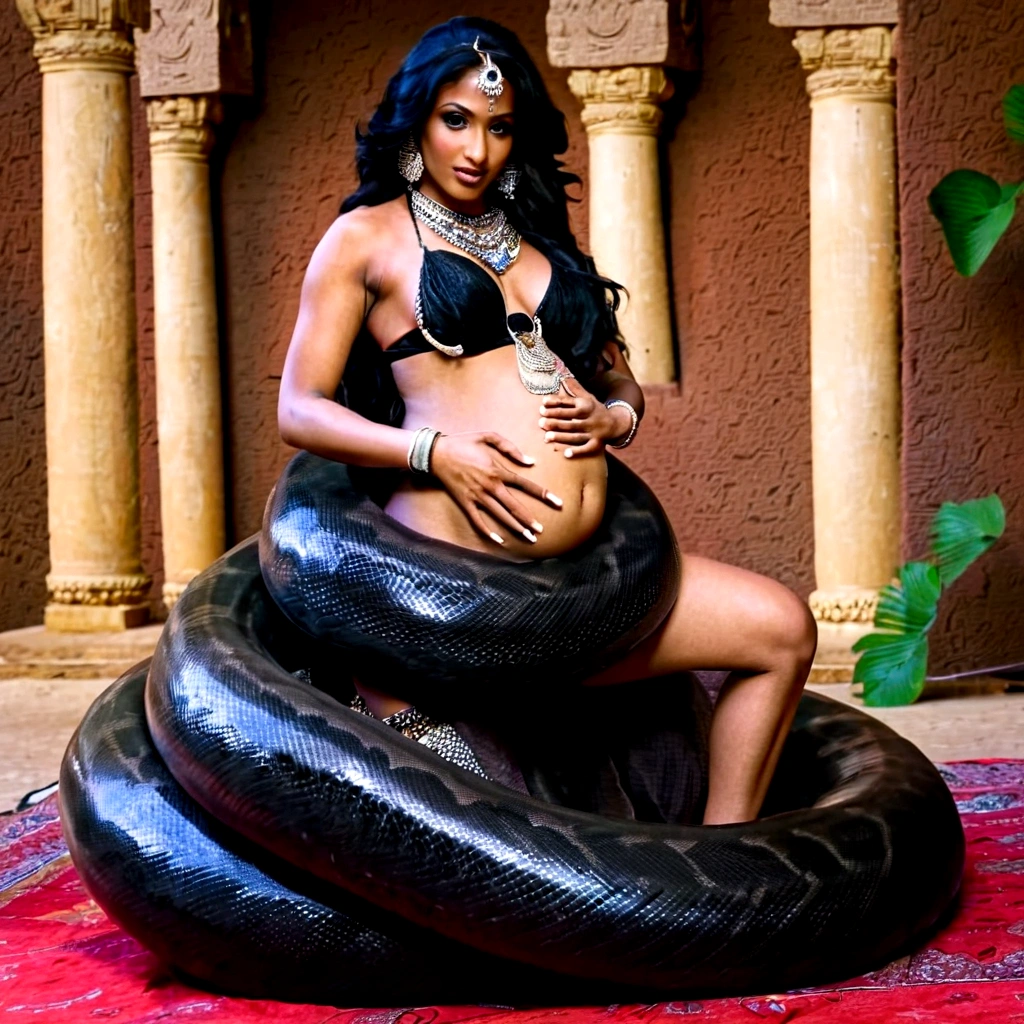  Pregnant  topless Happy Horny, aroused 1girl), beautiful kneeling indian  belly dancer with  giant colossal black titanboa squeezing her hard, wrapped in thick spiraling coils, constricted, struggle, gasping for air, snake attack, snake peril, moonless night, dim light