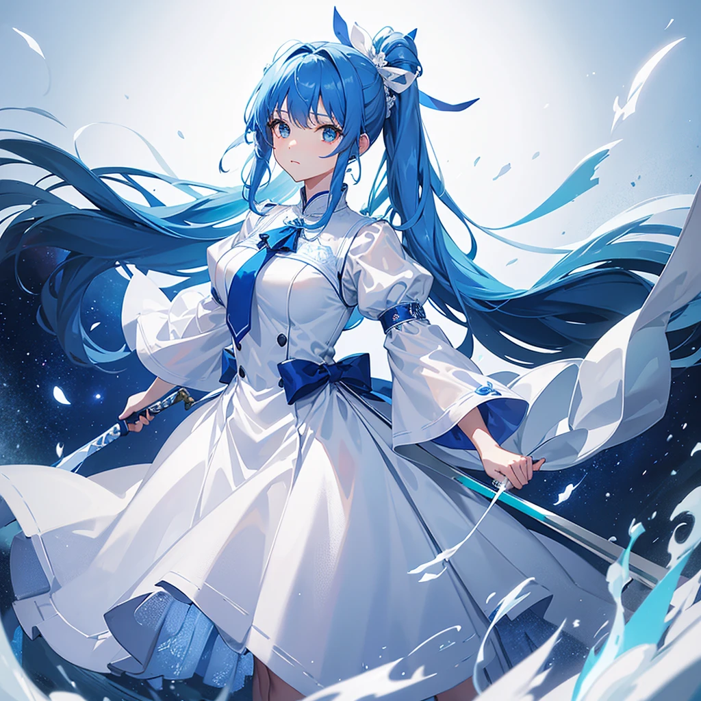 high resolution、high quality、masterpiece、detailed、1 female、Blue Hair、ponytail、White ribbon、White clothing with blue decorations、blue tie、Blue long skirt、Hold the sword with both hands and stand in a straight stance、