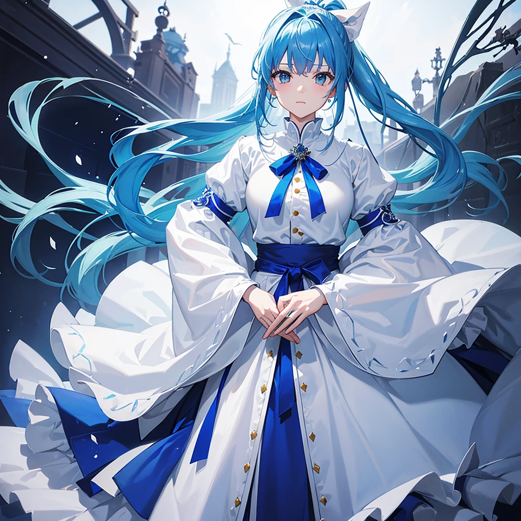 high resolution、high quality、masterpiece、detailed、1 female、Blue Hair、ponytail、White ribbon、White clothing with blue decorations、blue tie、Blue long skirt、Hold the sword with both hands and stand in a straight stance、
