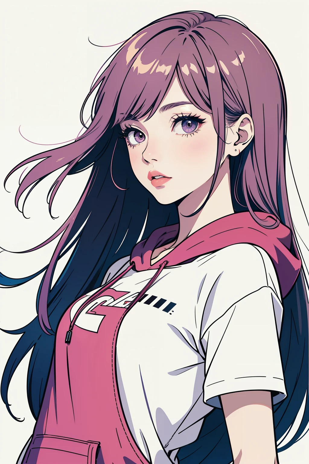 Create a vector design for a t-shirt featuring a stylish girl wearing a hoodie. The design should highlight her in a dynamic pose, capturing a sense of confidence and modern street style. The hoodie should have intricate patterns and a logo design on the front. Use a color palette of pastel pinks, purples, and whites, with subtle gradients to add depth. The overall style should blend elements of anime and minimalist digital art, with clean lines and a sleek finish. Include background elements like abstract shapes and geometric patterns to enhance the visual appeal.