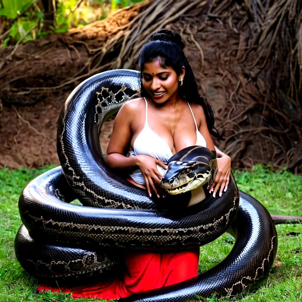 Pregnant Happy Horny, aroused 1girl), beautiful kneeling indian young girl with giant colossal black titanboa squeezing her hard, wrapped in thick spiraling coils, constricted, struggle, gasping for air, snake attack, snake peril, moonless night, dim light