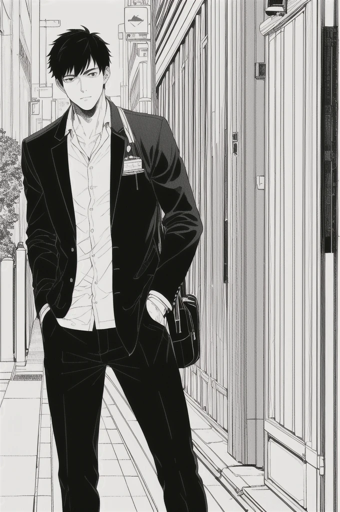 masterpiece, best quality, 1man, uniform, hand in pocket, school bag, black hair, black eyes, cyberpunk, street, monochrome, lineart
