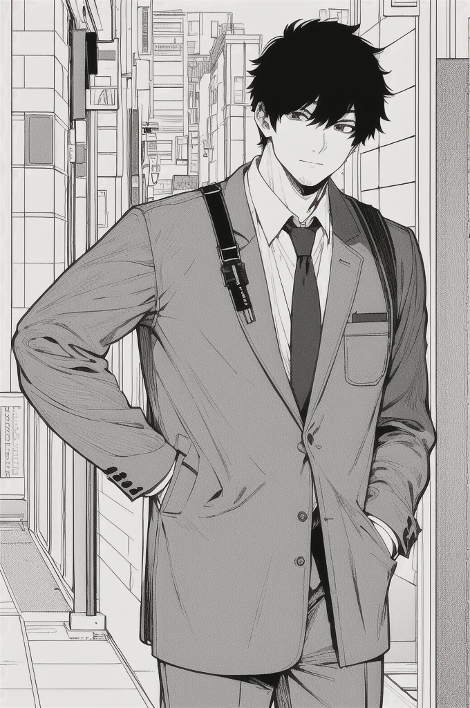 masterpiece, best quality, 1man, uniform, hand in pocket, school bag, black hair, black eyes, cyberpunk, street, monochrome, lineart