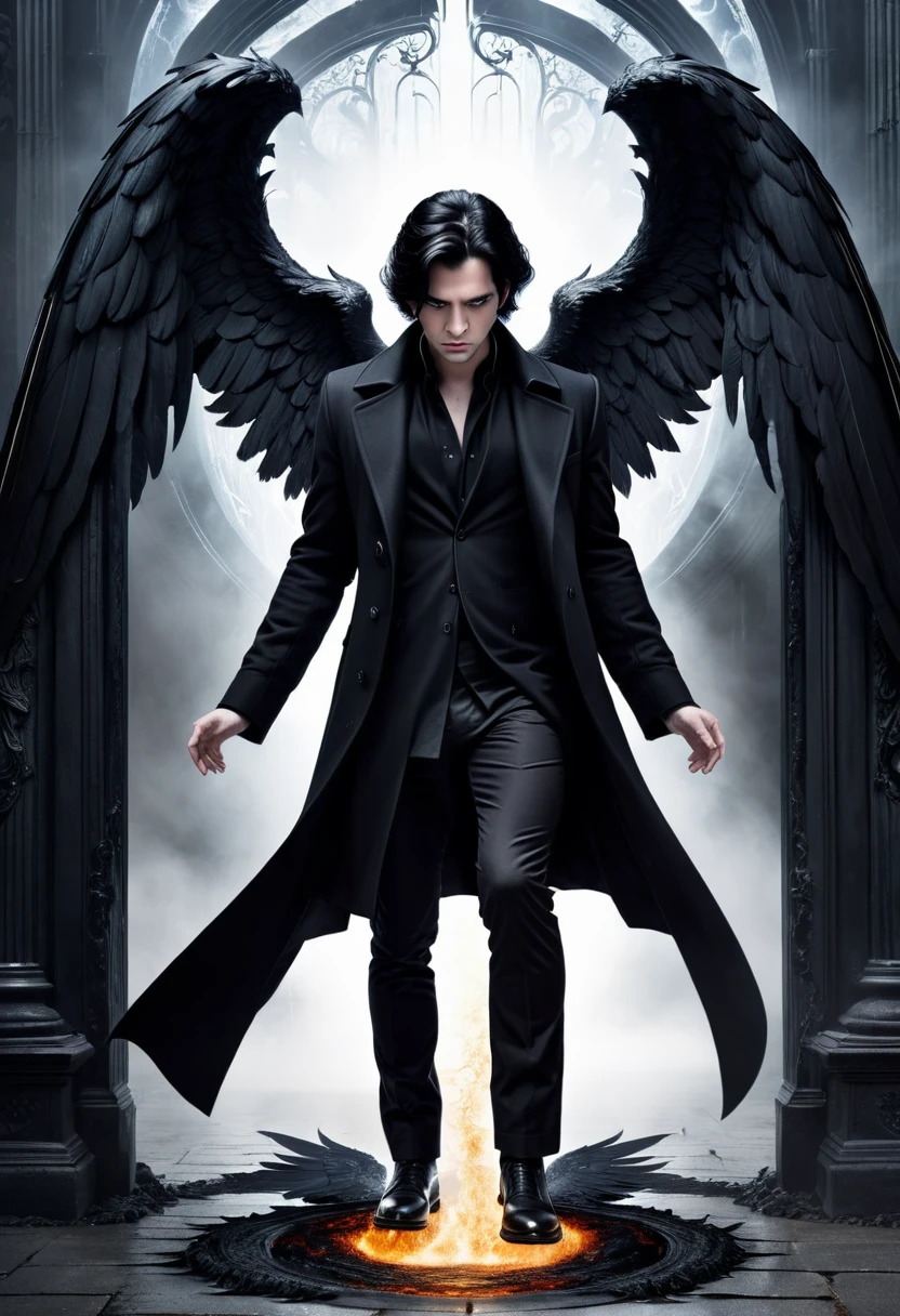 Create a dark book cover. 
With a man who is a fallen angel, with large black wings, he has black hair and white skin, he wears a black overcoat. 
He is standing bent over, with one knee on the ground, and behind him is a portal to hell