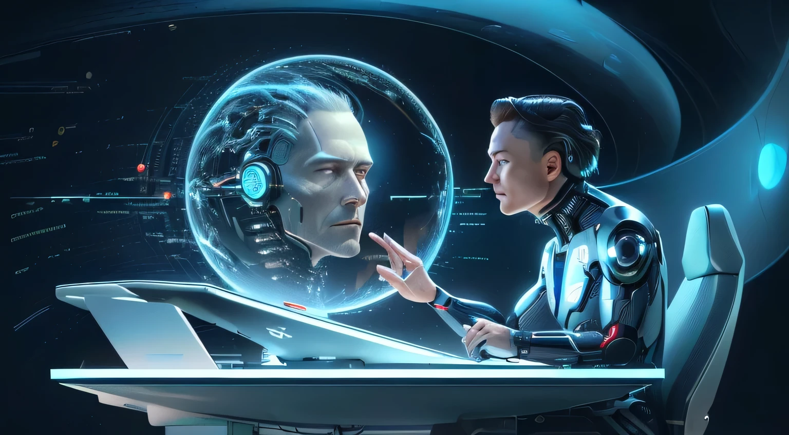 there is a man sitting at a desk with a laptop and a futuristic face, matte painting of human mind, data holograms, elon musk as a cyborg, highly detailed vfx portrait of, ai researcher, the image is futuristic, by Alexander Kucharsky, in 2 0 5 5, strong artificial intelligence, integrated synthetic android, artificial intelligence