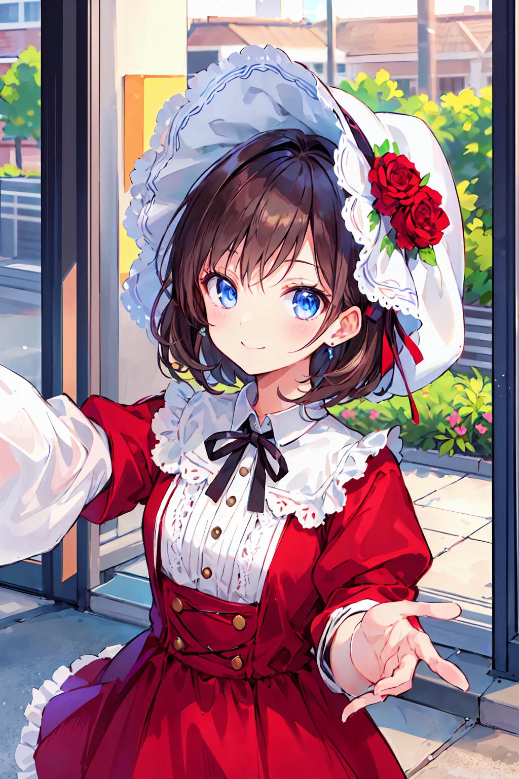 (masterpiece, Highest quality), One girl, smile, cute, Take a selfie, Outdoor, Beautiful Face, bonnet, Red dress