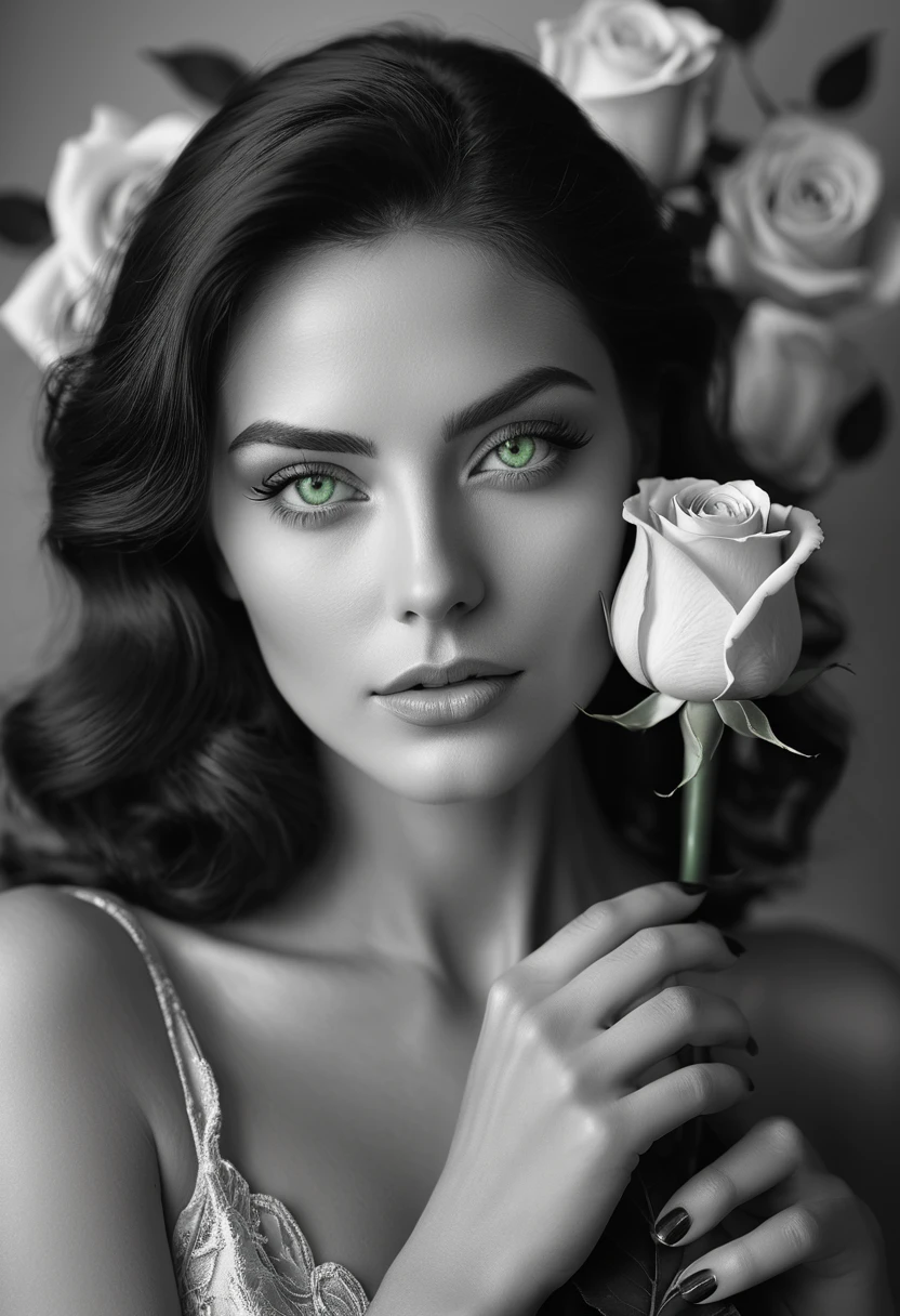 black and white, a woman with green eyes, flawless skin, half body shot, holding a rose, whimsical photography style, captured with an Arriflex 35BL camera using Canon K25 prime lenses, cinematic, dramatic lighting, ultra clear, breathtaking surreal masterpiece.