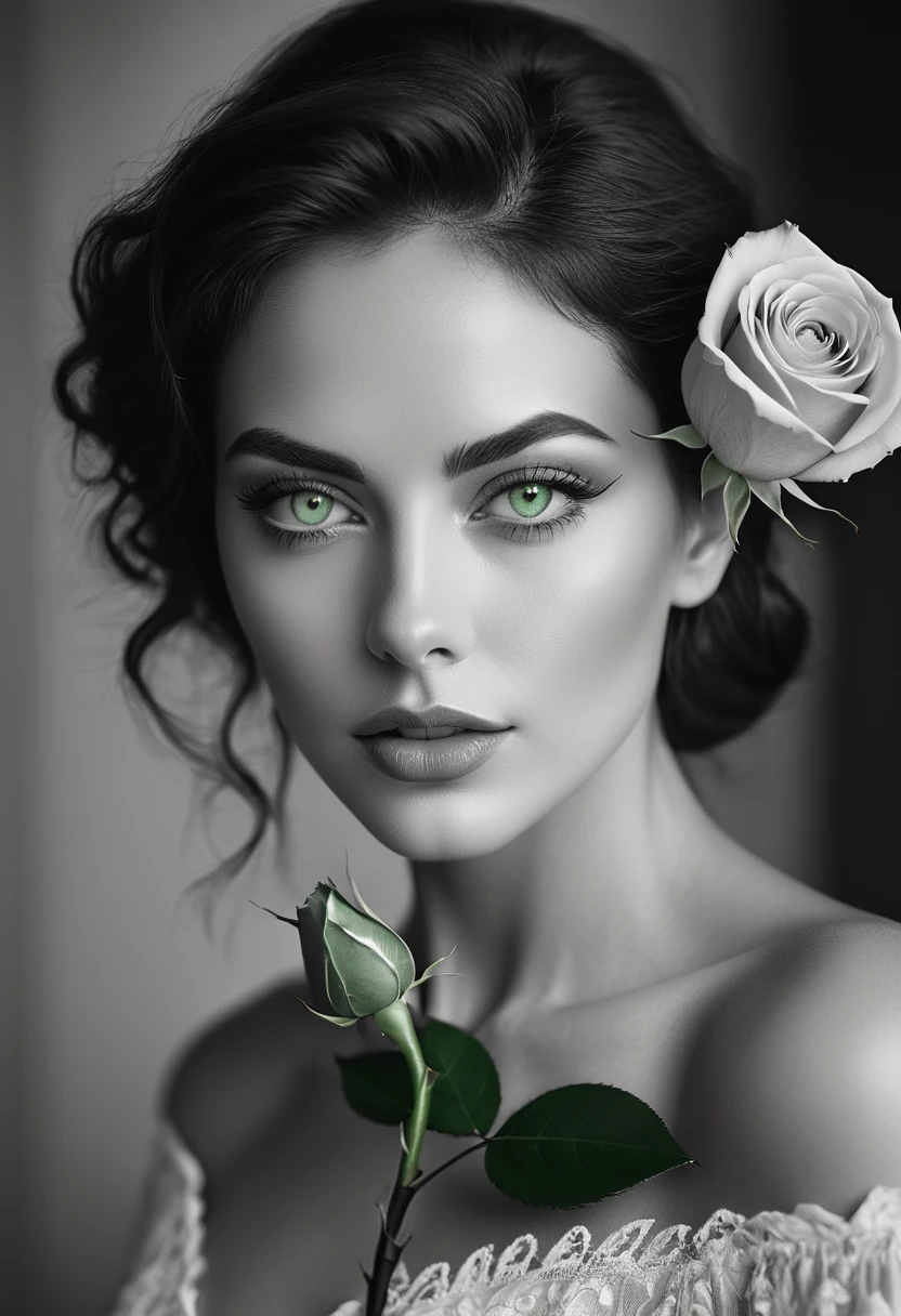 black and white, a woman with green eyes, flawless skin, half body shot, holding a rose, whimsical photography style, captured with an Arriflex 35BL camera using Canon K25 prime lenses, cinematic, dramatic lighting, ultra clear, breathtaking surreal masterpiece.