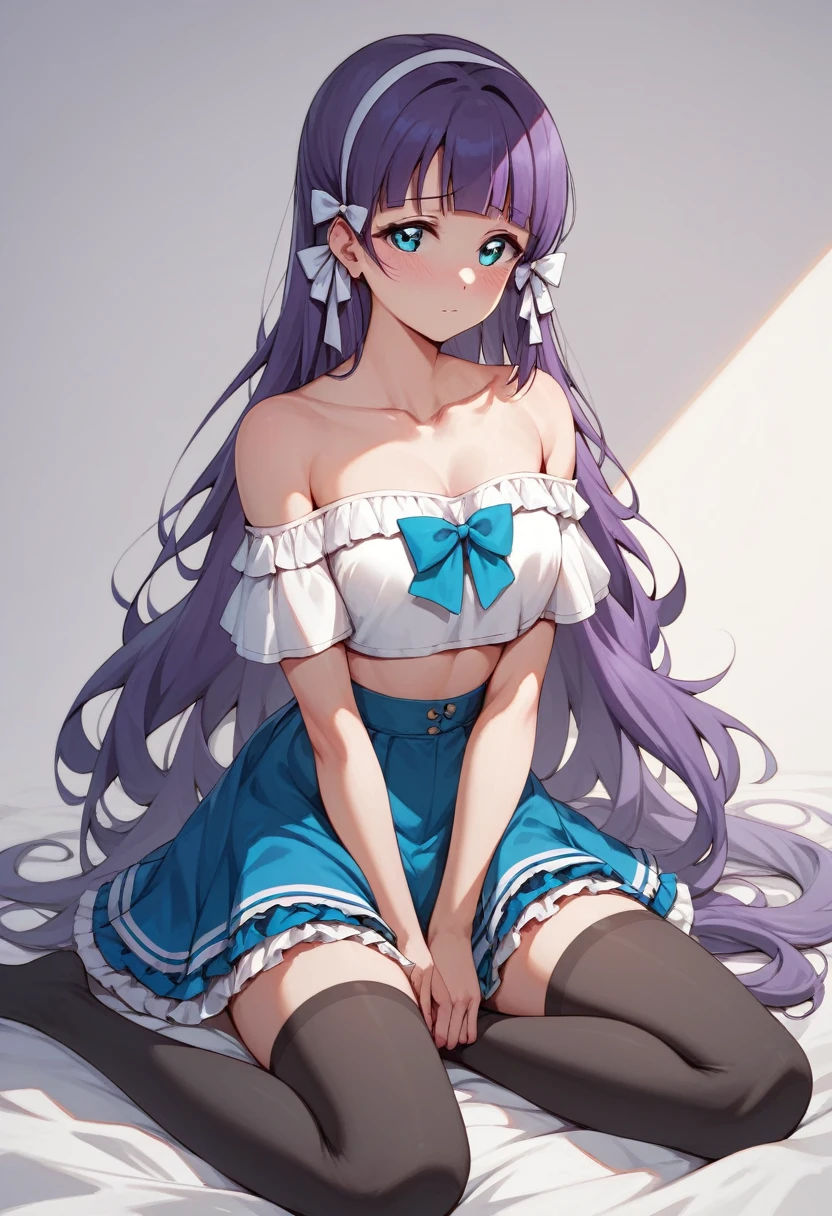 Masterpiece, beautiful , facial details, 8k wallpaper, Love Live, long hair, purple hair, blunt bangs,shy, white hair ribbon, white off shoulder crop top, blue frilled skirt,black thighhighs , higurashi style