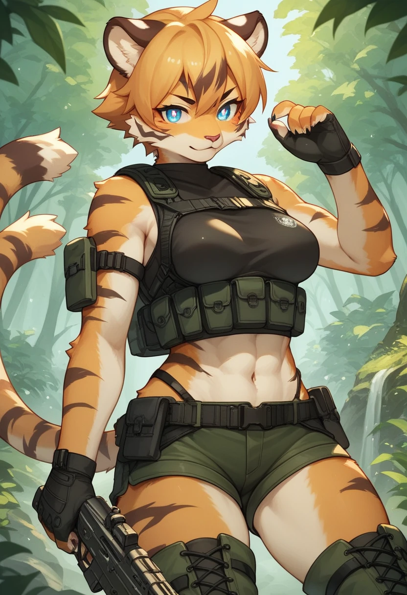score_9, score_8_up) score_7_up, score_6_up, solo, tiger, kemono, anthro, cute, short hair, blue eyes, white pupils, sexy, orange fur, shorts, tactical harness, thigh high boots, assassin girl, sleeveless mesh body suit, tactical gloves, medium breasts, midriff, forest background,