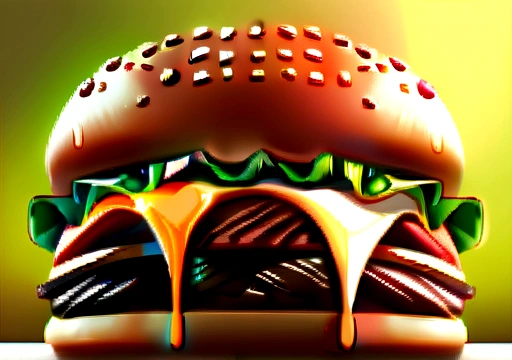 Beautiful and appetizing burger, Cheese flows down, Green lettuce leaves, Red Tomato, Background fire, Beef Burger