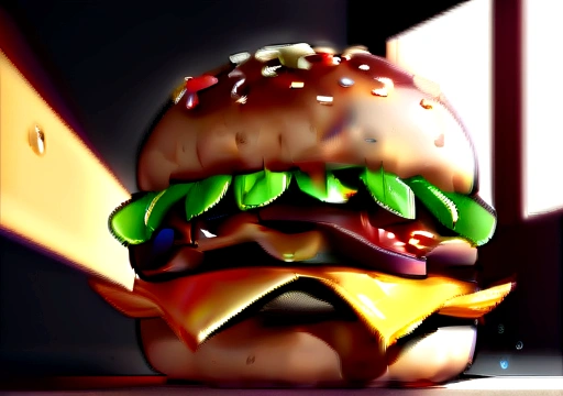 Beautiful and appetizing burger, Cheese flows down, Green lettuce leaves, Red Tomato, Background fire, Beef Burger