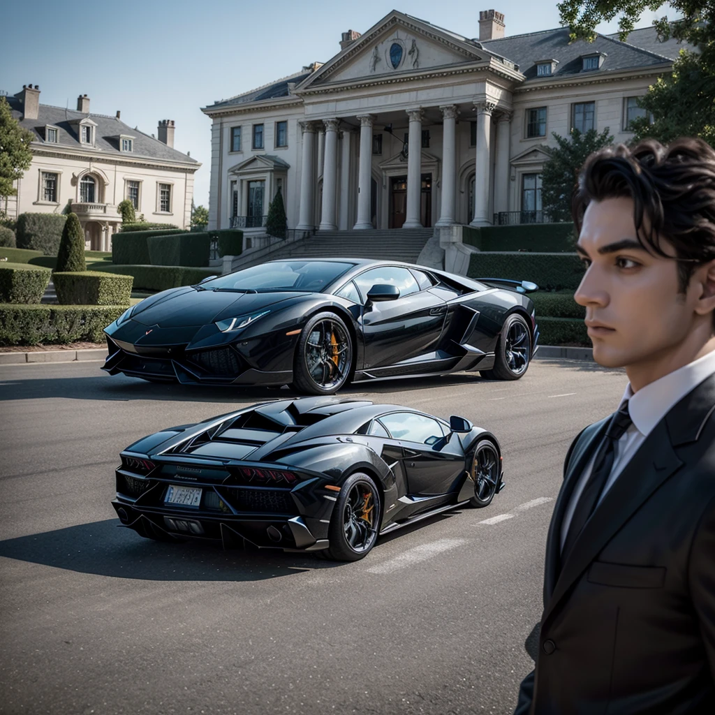Create an ad, with a mansion and a Lamborghini in the background, with a man with arms crossed in the lower right corner, Written "Become a Millionaire in just 7 days" showing course and an e-book