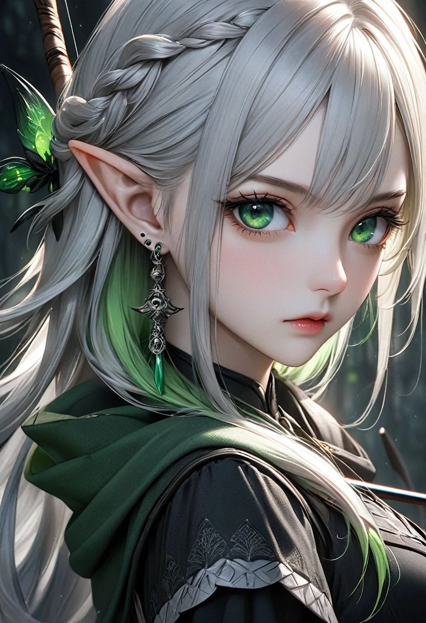 A beautiful female hot elven archer, long platinum hair, piercing green eyes, pale skin, holding a jade war-bow, dark fantasy setting, moody atmosphere, gothic aesthetic, (best quality,4k,8k,highres,masterpiece:1.2),ultra-detailed,(realistic,photorealistic,photo-realistic:1.37), extremely detailed facial features, intricate details, cinematic lighting, dramatic shadows, muted color palette, dramatic composition
