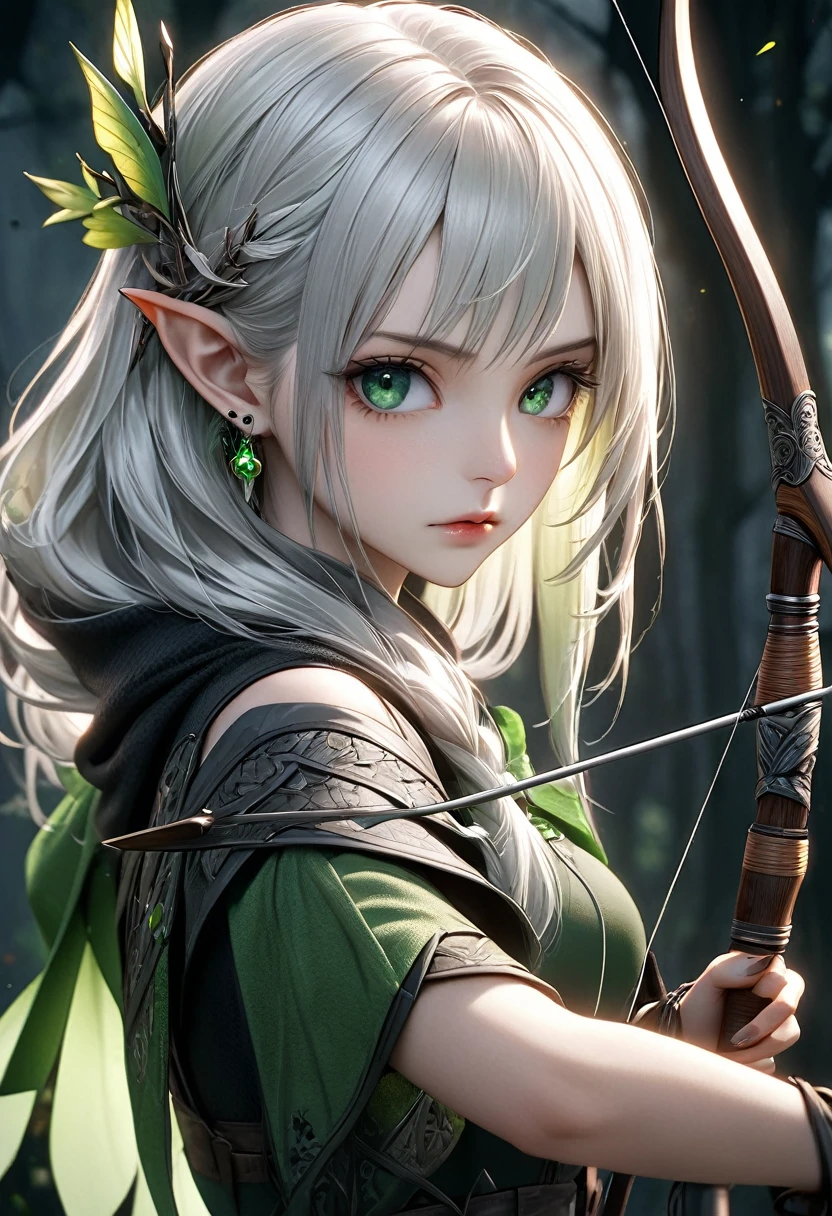 A beautiful female hot elven archer, long platinum hair, piercing green eyes, pale skin, holding a jade war-bow, dark fantasy setting, moody atmosphere, gothic aesthetic, (best quality,4k,8k,highres,masterpiece:1.2),ultra-detailed,(realistic,photorealistic,photo-realistic:1.37), extremely detailed facial features, intricate details, cinematic lighting, dramatic shadows, muted color palette, dramatic composition