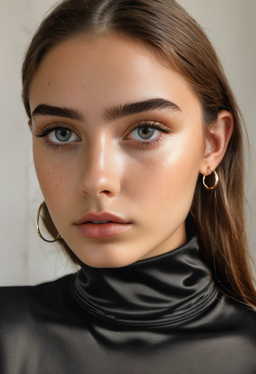 a mirror selfie,
15 year old girlwith a black turtle neck top and hoop earrings, a photorealistic painting by Anna Haifisch, trending on pexels, hyperrealism, beautiful fine face features, soft freckles, detailed flawless face, perfect face details, detailed and perfect face, large eyebrows, big bold thick eyebrows, sexy face, thin eyebrows, subtle makeup, flawless face