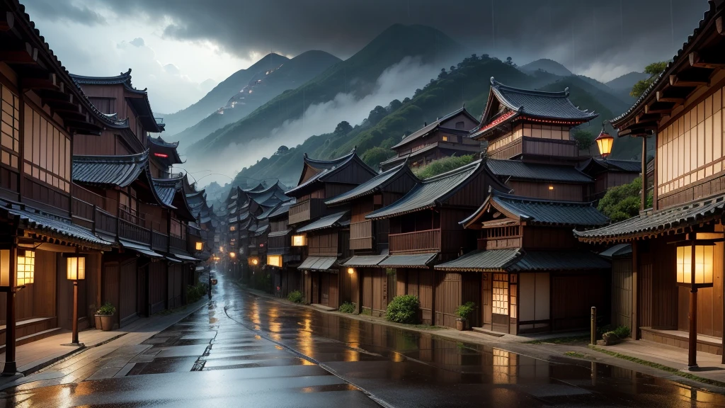 panoramic view of a village with many lights on the buildings, dreamy chinese town, chinese village, amazing wallpaper, japanese city, japanese village, hyper-realistic photo of a city, old asian village, japanese city, por Raymond Han, raining night, cyberpunk chinese ancient castle, beautifully lit buildings, at night during the rain, beautiful and aesthetic, fot, cinematic, 8K, highy detailed ((chuva pesada)))