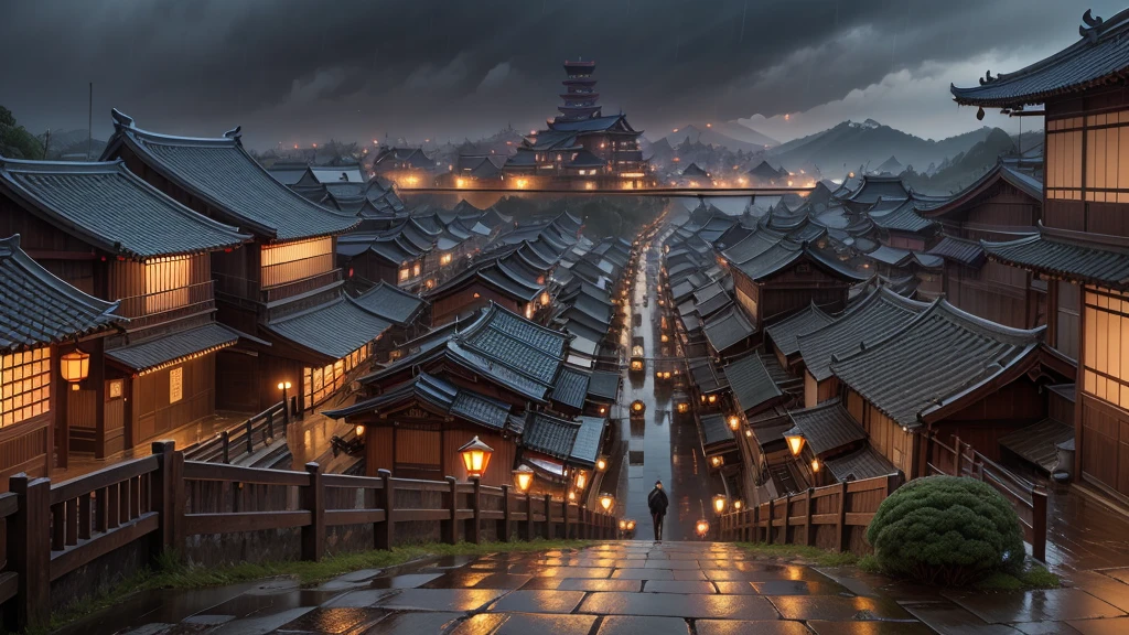 panoramic view of a village with many lights on the buildings, dreamy chinese town, chinese village, amazing wallpaper, japanese city, japanese village, hyper-realistic photo of a city, old asian village, japanese city, por Raymond Han, raining night, cyberpunk chinese ancient castle, beautifully lit buildings, at night during the rain, beautiful and aesthetic, fot, cinematic, 8K, highy detailed ((chuva pesada)))