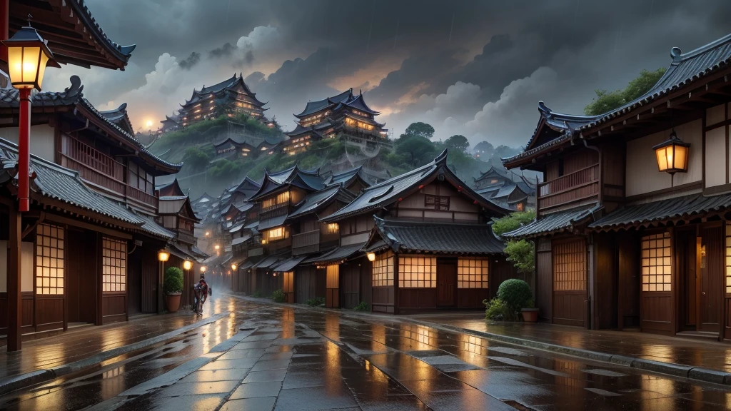 panoramic view of a village with many lights on the buildings, dreamy chinese town, chinese village, amazing wallpaper, japanese city, japanese village, hyper-realistic photo of a city, old asian village, japanese city, por Raymond Han, raining night, cyberpunk chinese ancient castle, beautifully lit buildings, at night during the rain, beautiful and aesthetic, fot, cinematic, 8K, highy detailed ((chuva pesada)))