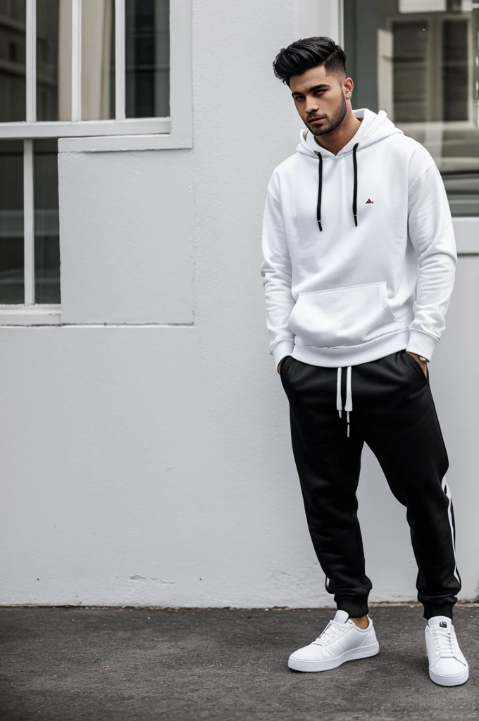 Full image of single man
wearing white hoody with black pant and white shoes