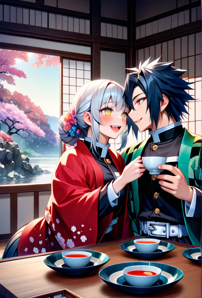 Ultra detailed, high resolution, absurd, HDR, masterpiece, anime girl and boy, beautiful woman with long white hair with deep red streaks, girl with yellow eyes, the girl is wearing a red haori, black demon slayer uniform, Kimetsu No Yaiba, fantasy, beautiful, Tomioka Giyu, Water Hashira, Tomioka with a Japanese cup of tea, couple, romantic, inside a Japanese house, best quality, extremely detailed face, love, romance, anime, they are really in love, they are having fun together, drinking tea, smiling and laughing