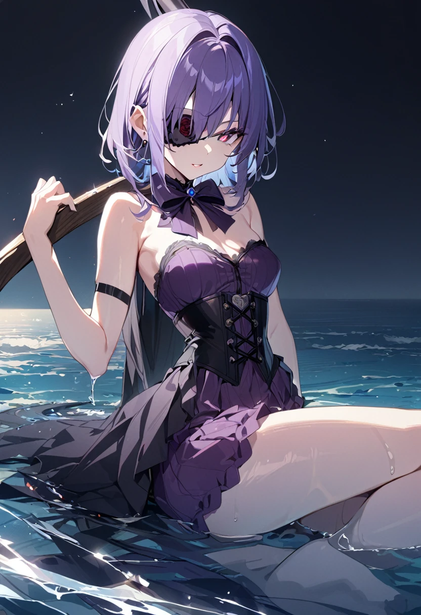 1 girl, masterpiece, best quality, fair skin, purple mesh, red pupils, corset, culottes, black scythe, black rose eyepatch, water, anime