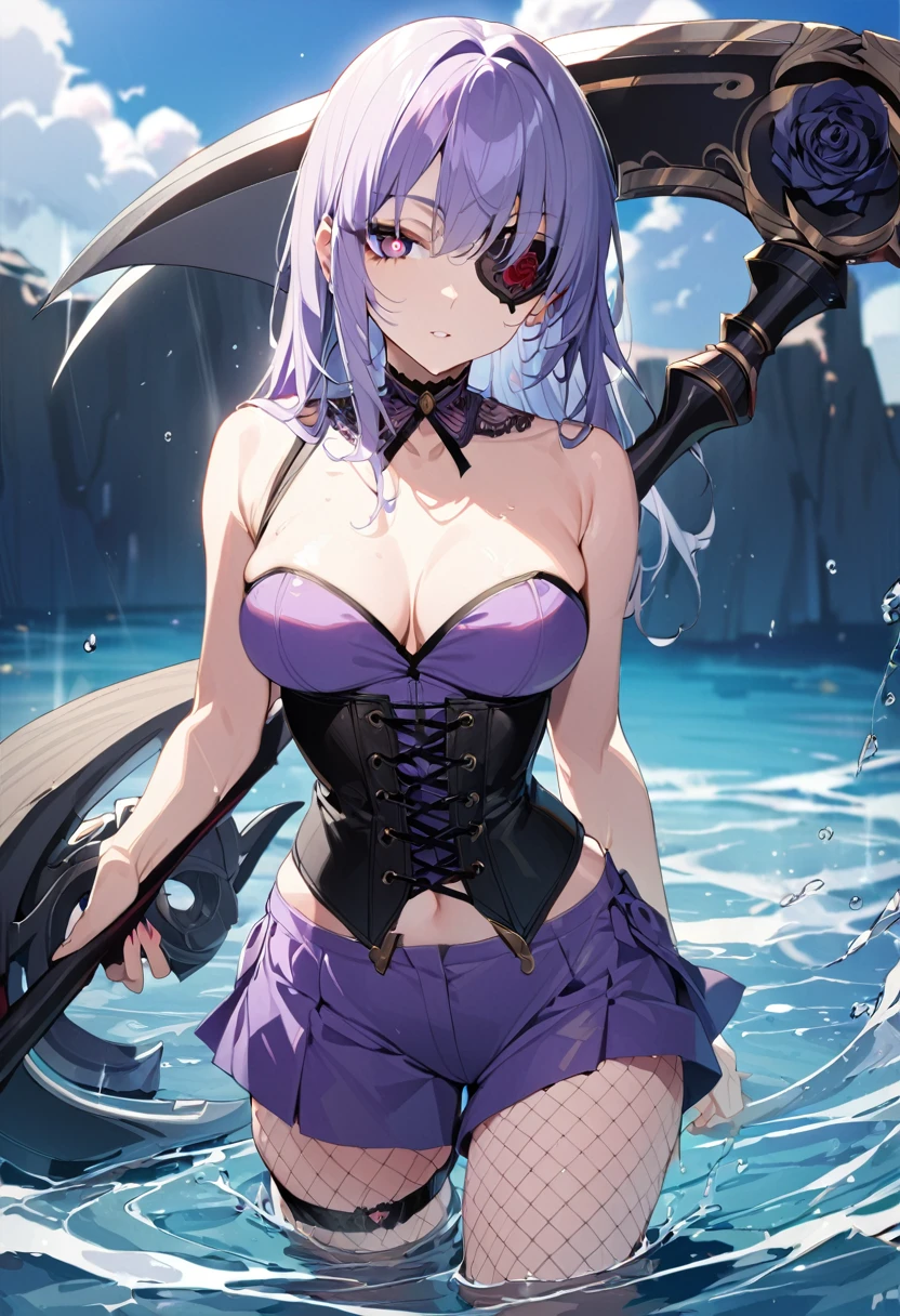 1 girl, masterpiece, best quality, fair skin, purple mesh, red pupils, corset, culottes, black scythe, black rose eyepatch, water, anime