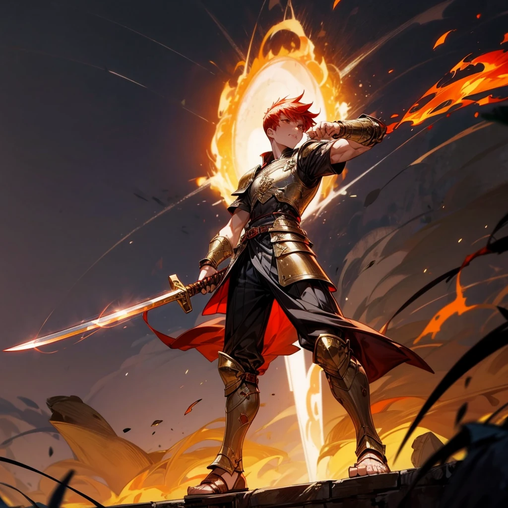 1boys, Full body version, orange eyes, undercut hair, red colour hair, very angry expression, gladiator clothing, short sleeve shirt, gladiator skirt, gold big armor body, bodybelt, gladiator sandals, Spatha sword in hand, (war gesture), Grassroots background in war, Full background, night, moonlight behind, moonlight silhouette, explosion, fire, fire background, blood on face, blood on sword, blood on armor, fire sword