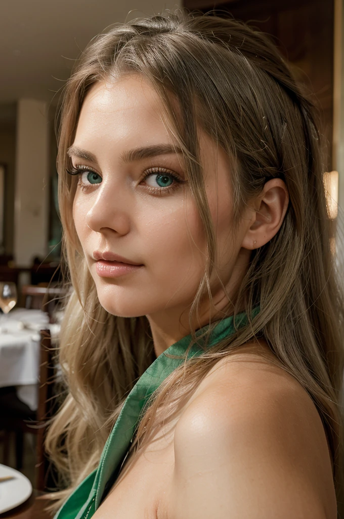 A strikingly beautiful woman. She had long white hair that flowed in soft waves down her back, perfectly framing her face. Her eyes were a mesmerizing shade of green.  
She was dressed in a chic, elegant outfit against the backdrop of a restaurant.
Close up. perfect detail, HD quality, 8K. Masterpiece, close up, realistic photo, complex details, sexy photo.