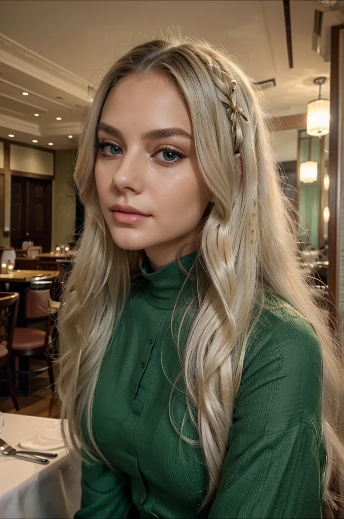 A strikingly beautiful woman. She had long white hair that flowed in soft waves down her back, perfectly framing her face. Her eyes were a mesmerizing shade of green.  
She was dressed in a chic, elegant outfit against the backdrop of a restaurant.
Close up. perfect detail, HD quality, 8K. Masterpiece, close up, realistic photo, complex details, sexy photo.