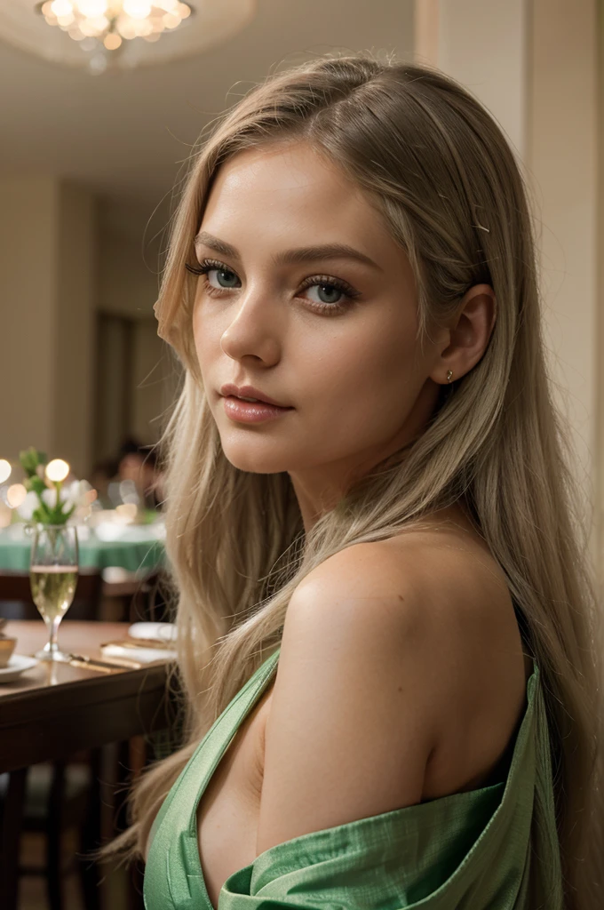 A strikingly beautiful woman. She had long white hair that flowed in soft waves down her back, perfectly framing her face. Her eyes were a mesmerizing shade of green.  
She was dressed in a chic, elegant outfit against the backdrop of a restaurant.
Close up. perfect detail, HD quality, 8K. Masterpiece, close up, realistic photo, complex details, sexy photo.