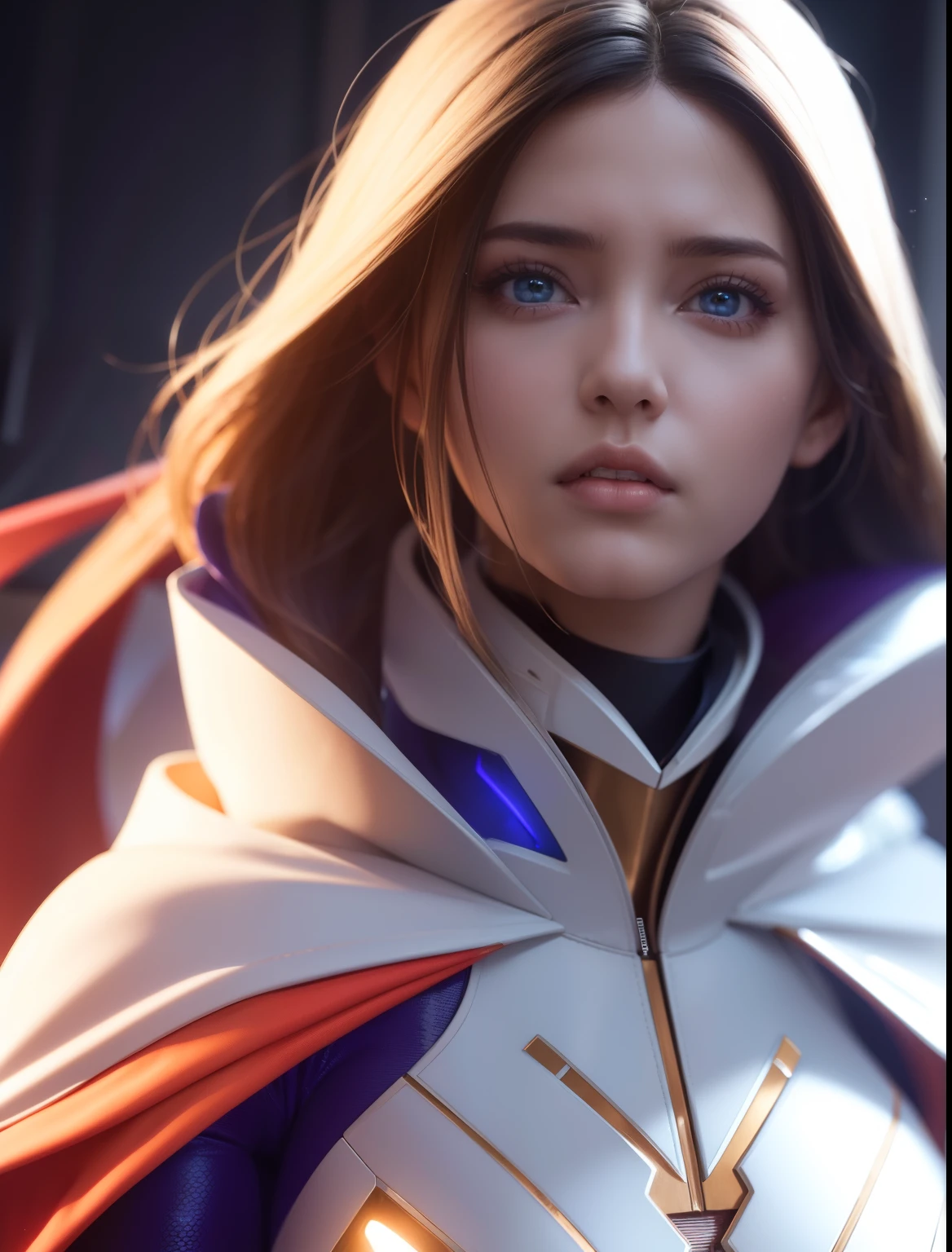 Waist up ((Extremely detailed asymmetric realistic masterpiece)) hyperrealistic masterpiece, Superhero very beauty girl ((in futuristic aesthetic style)) in extremely detailed tech plugsuit, cinematic illumination: 8k, glowing, concept art, smooth, sharp focus, illustration