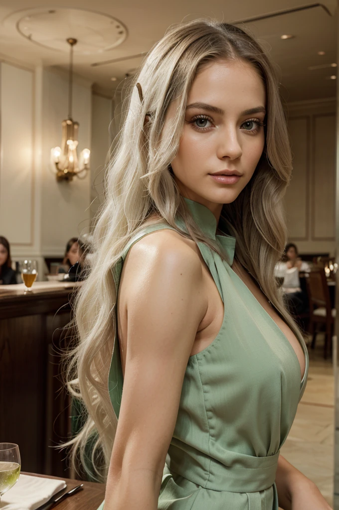 A strikingly beautiful woman. She had long white hair that flowed in soft waves down her back, perfectly framing her face. Her eyes were a mesmerizing shade of green.
She was dressed in a chic, elegant outfit against the backdrop of a restaurant.
Close up. perfect detail, HD quality, 8K. Masterpiece, close up, realistic photo, complex details, sexy photo.