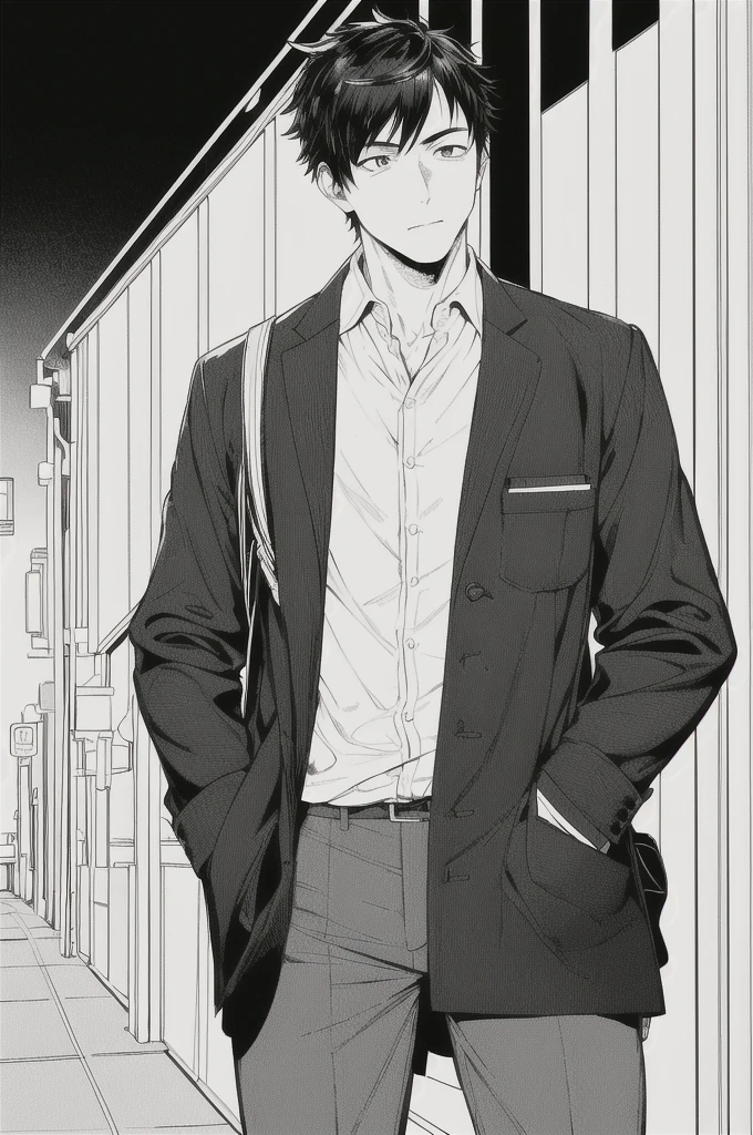 masterpiece, best quality, 1man, uniform, hand in pocket, school bag, black hair, black eyes, cyberpunk, street, monochrome, lineart