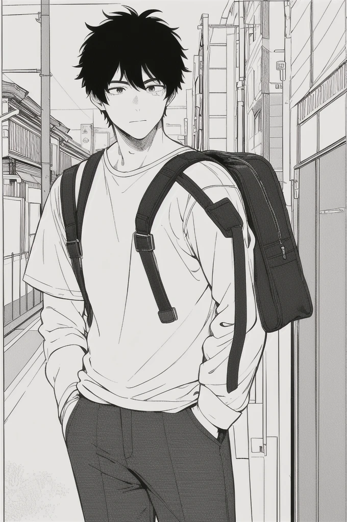 masterpiece, best quality, 1man, uniform, hand in pocket, school bag, black hair, black eyes, cyberpunk, street, monochrome, lineart